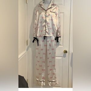Women’s Pink/White Satin 2 Piece Ruffle Girly Princess Soft Cute Pajama Set M